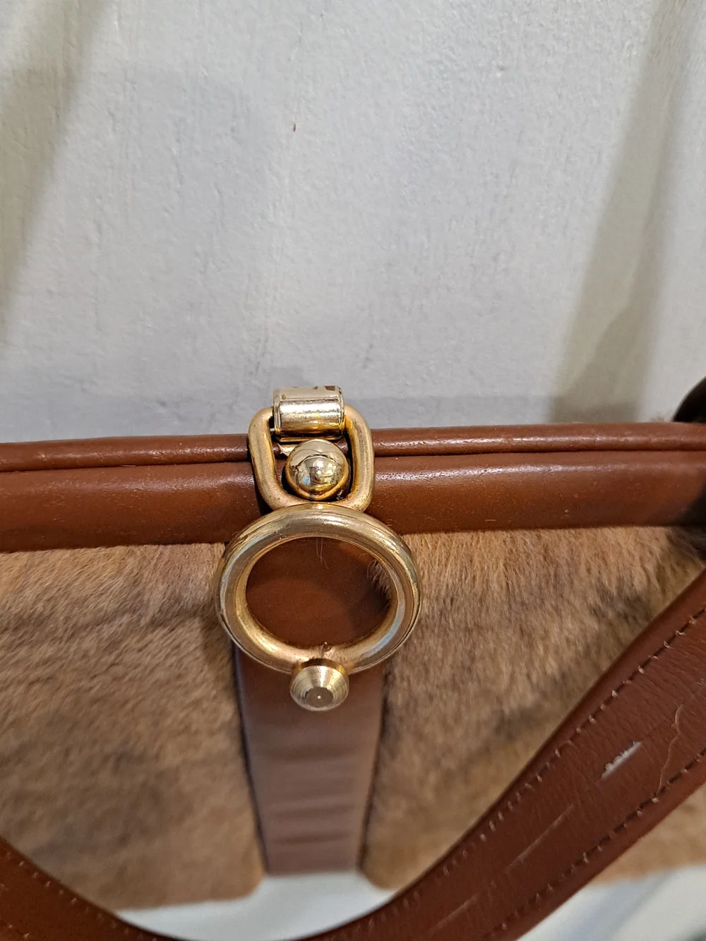 Australian Kangaroo Fur Vintage 70s Handbag Leather Trim Gold Ring Accent